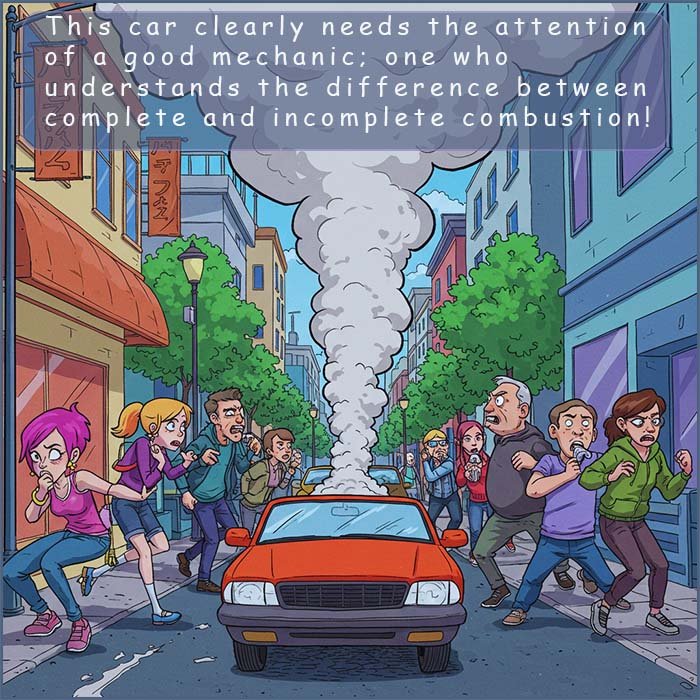 Incomplete combustion of diesel fuel in a car causes smokey exhaust emissions.